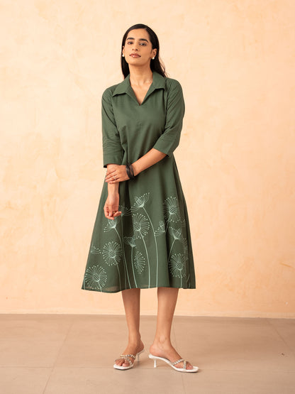 Olive Green Floral Print Cotton A-Line Midi Dress