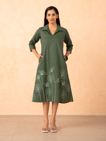 Olive Green Floral Print Cotton A-Line Midi Dress