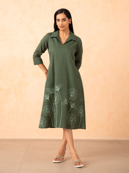 Olive Green Floral Print Cotton A-Line Midi Dress