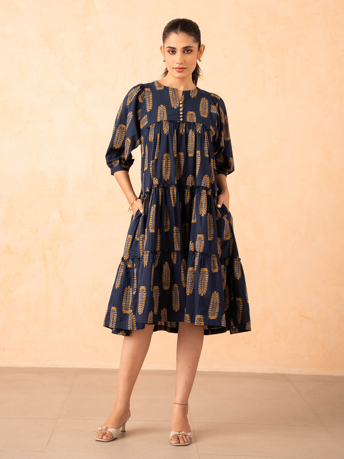 Navy Blue Leaf Print Tiered Cotton Dress
