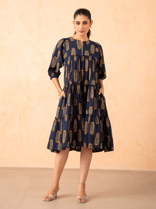 Navy Blue Leaf Print Tiered Cotton Dress