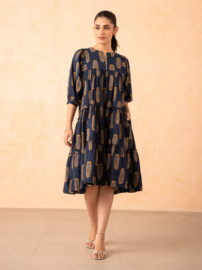 Navy Blue Leaf Print Tiered Cotton Dress