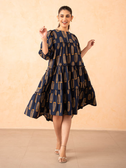 Navy Blue Leaf Print Tiered Cotton Dress
