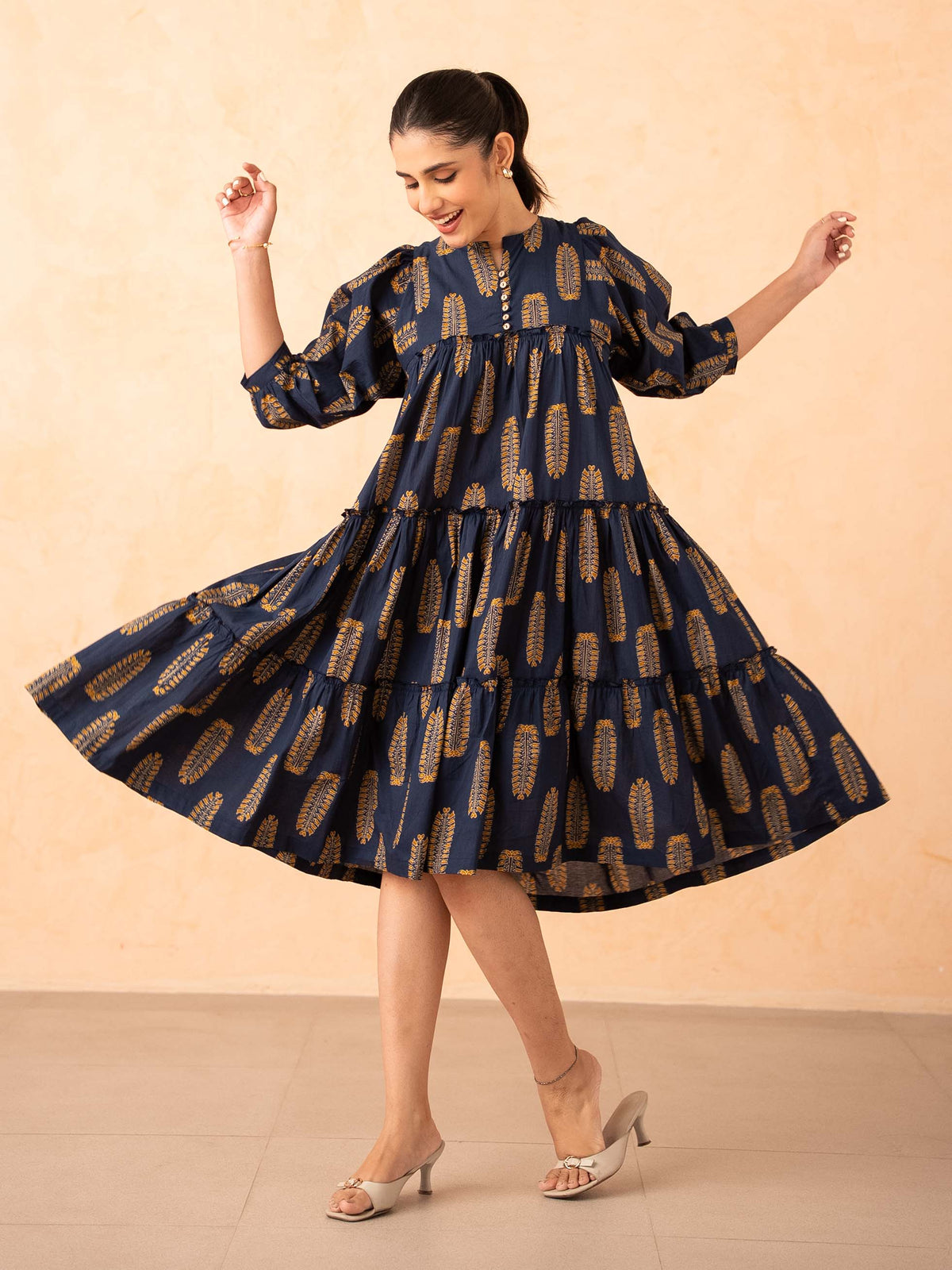 Navy Blue Leaf Print Tiered Cotton Dress