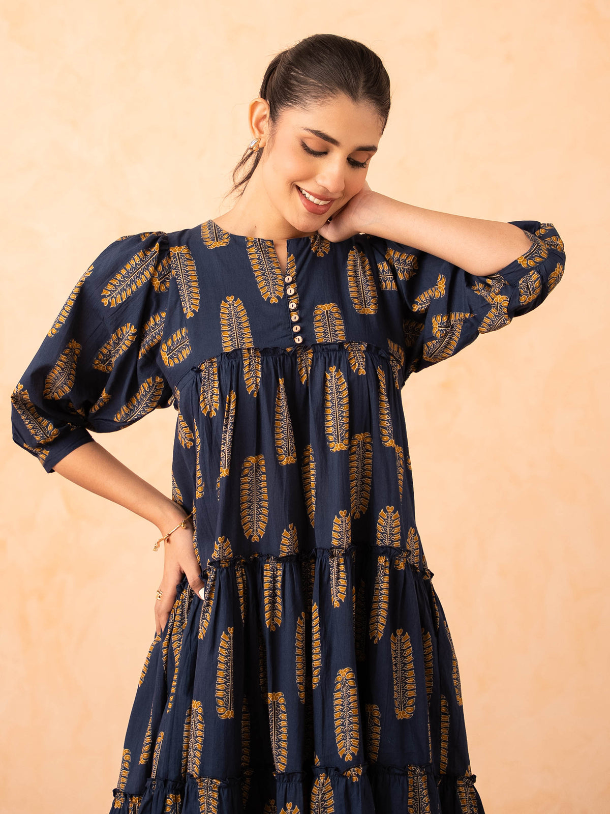 Navy Blue Leaf Print Tiered Cotton Dress