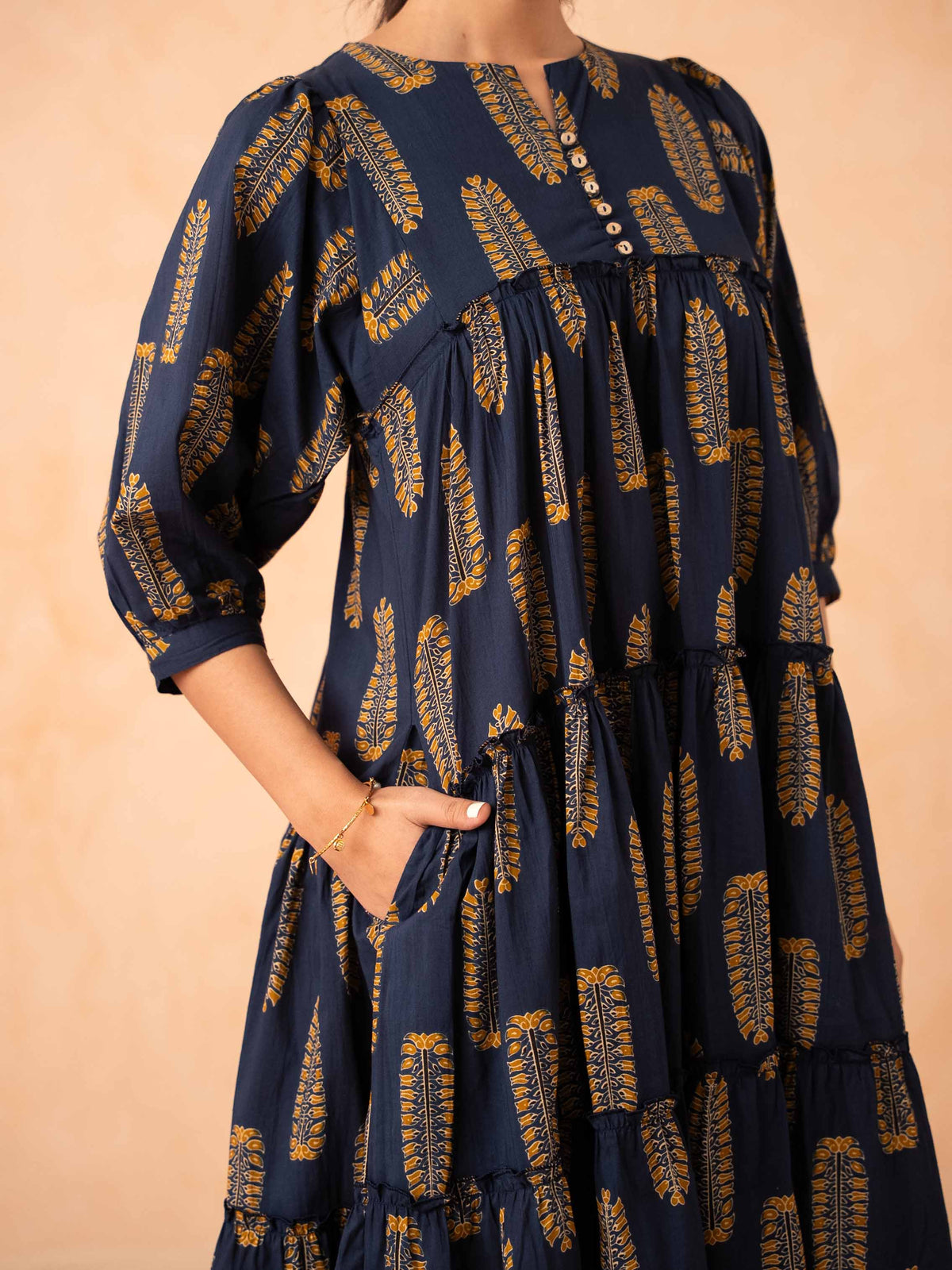 Navy Blue Leaf Print Tiered Cotton Dress