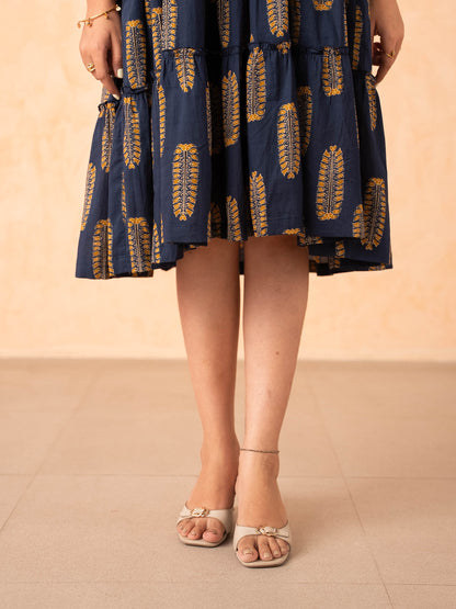 Navy Blue Leaf Print Tiered Cotton Dress