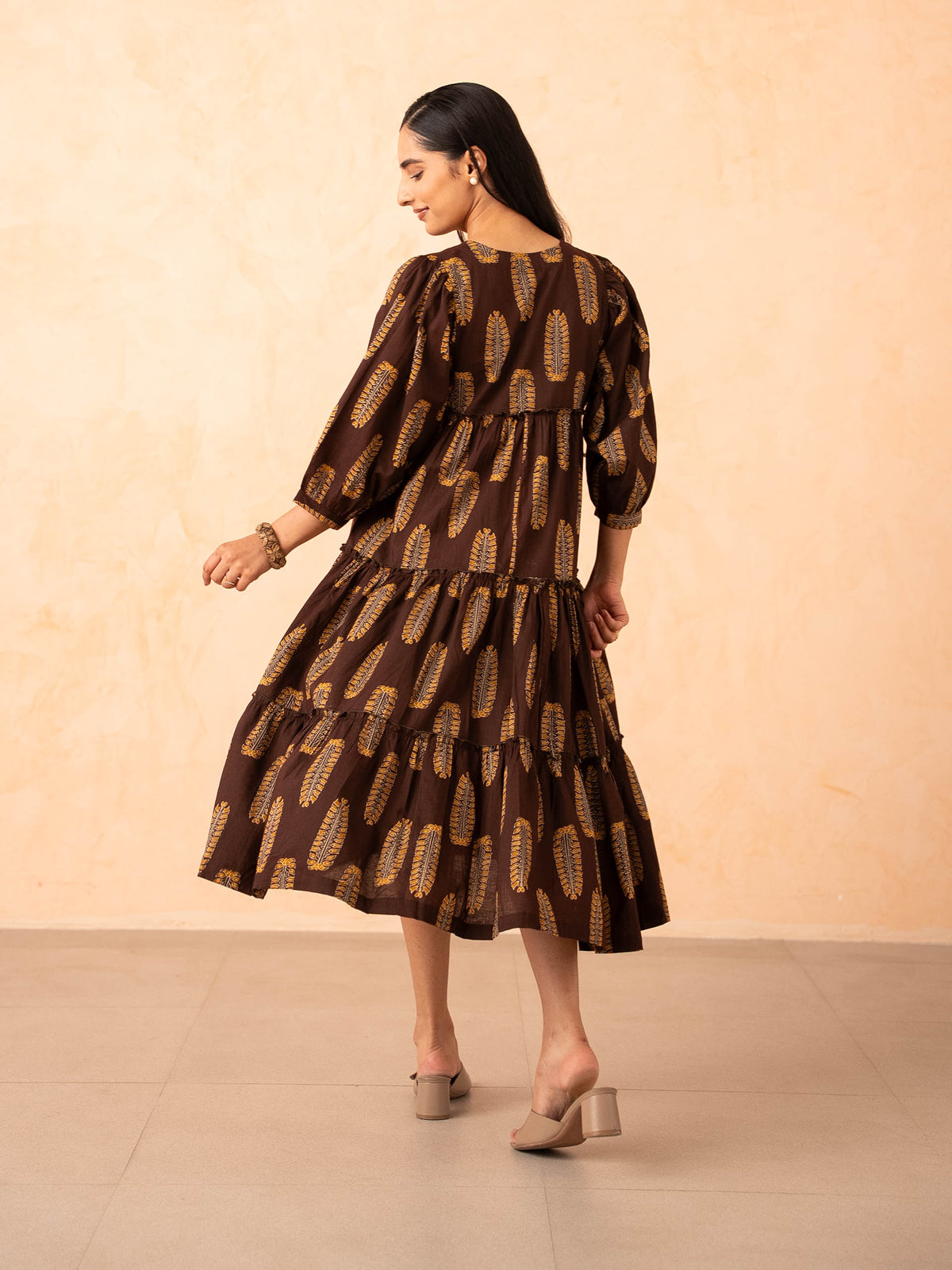 Brown Leaf Print Tiered Cotton Dress