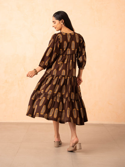 Brown Leaf Print Tiered Cotton Dress