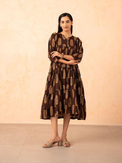 Brown Leaf Print Tiered Cotton Dress