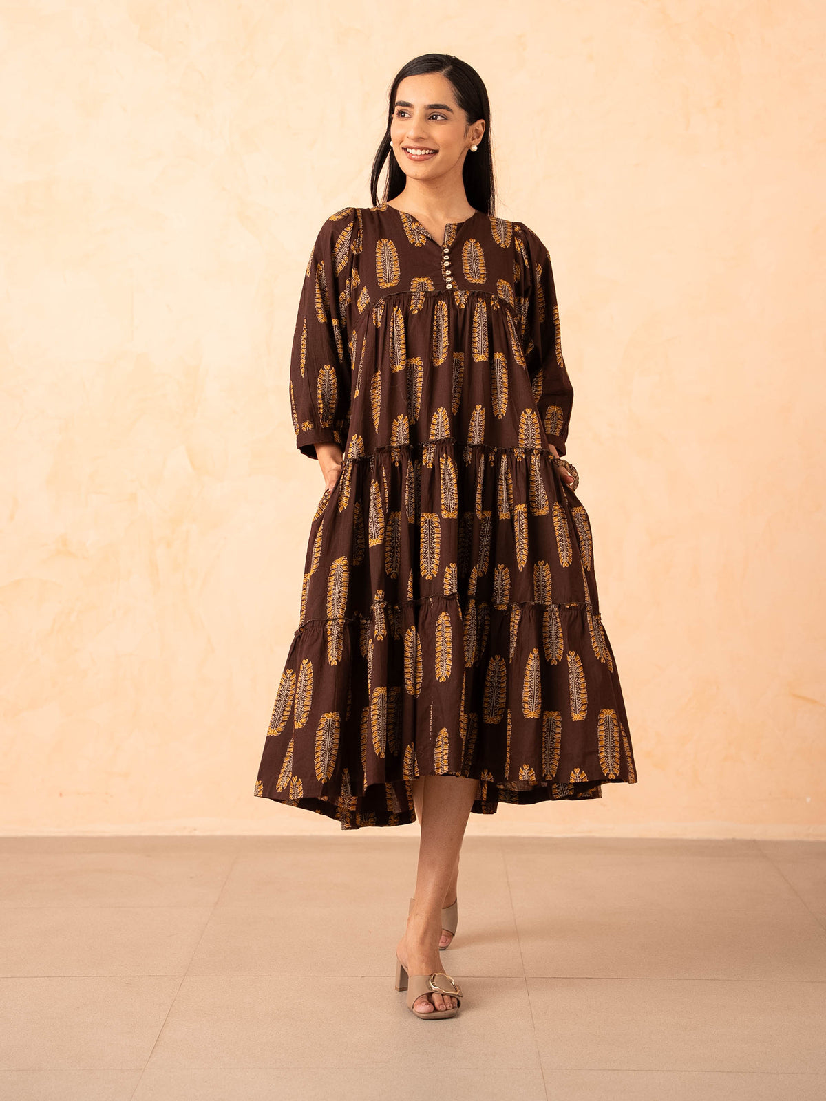 Brown Leaf Print Tiered Cotton Dress