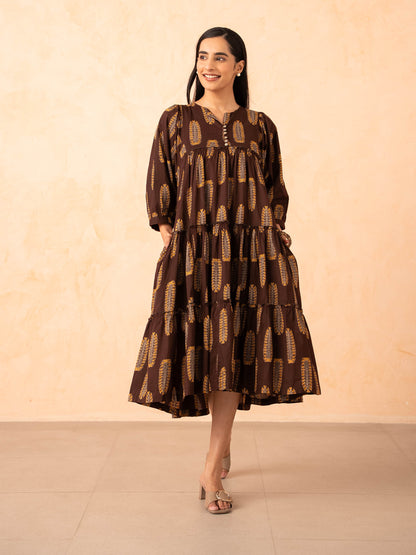 Brown Leaf Print Tiered Cotton Dress