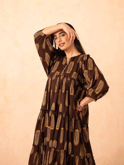 Brown Leaf Print Tiered Cotton Dress