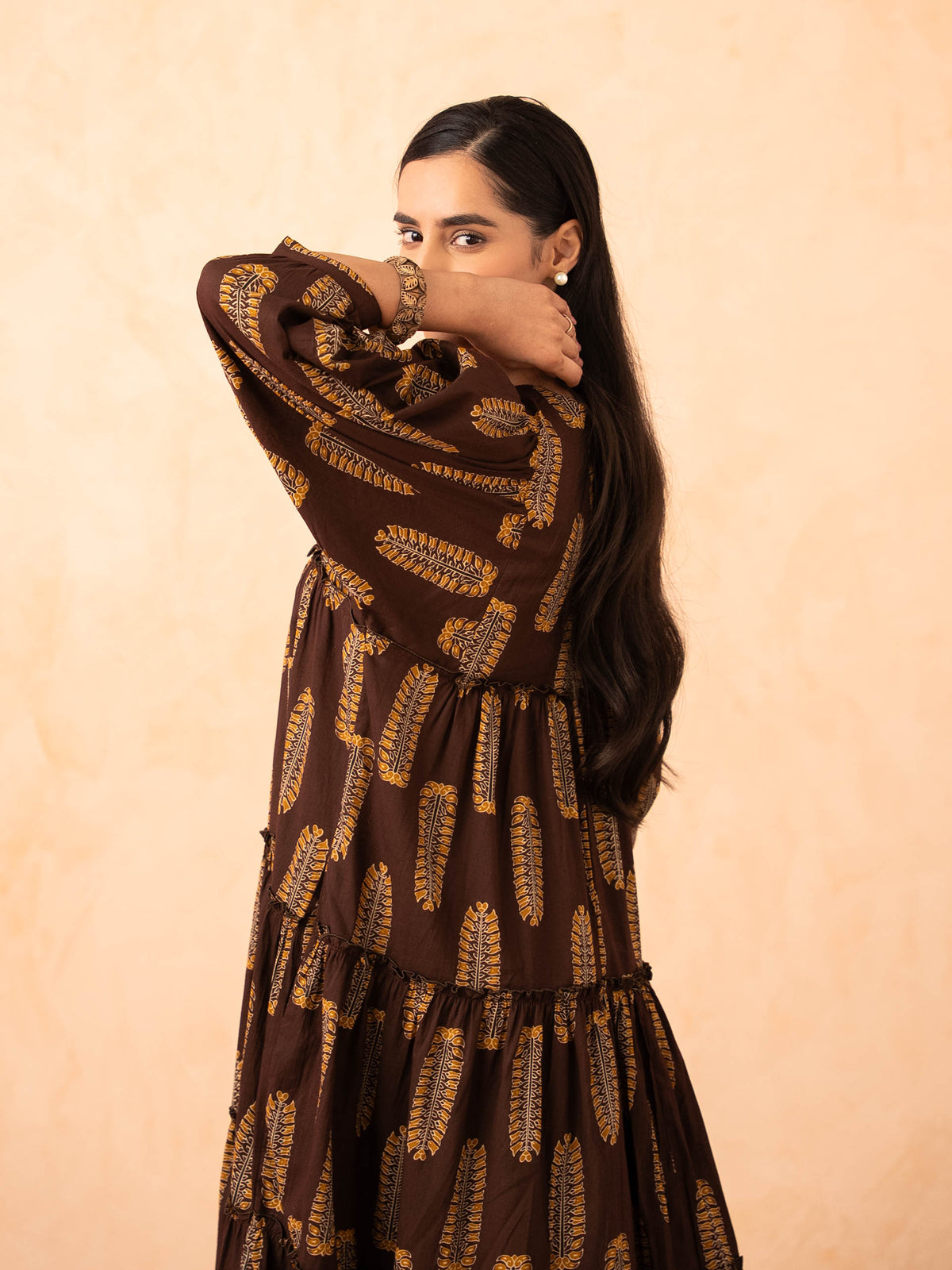 Brown Leaf Print Tiered Cotton Dress