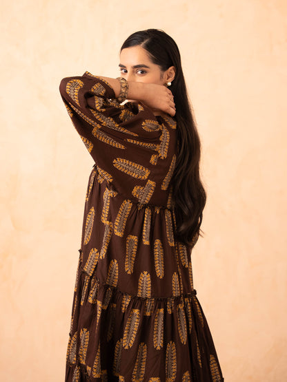 Brown Leaf Print Tiered Cotton Dress