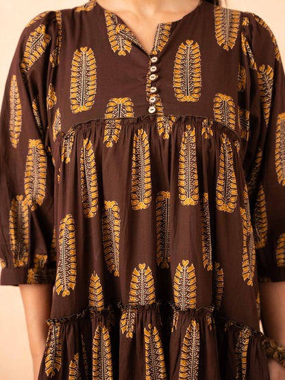Brown Leaf Print Tiered Cotton Dress