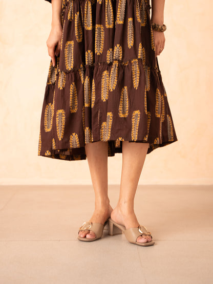 Brown Leaf Print Tiered Cotton Dress