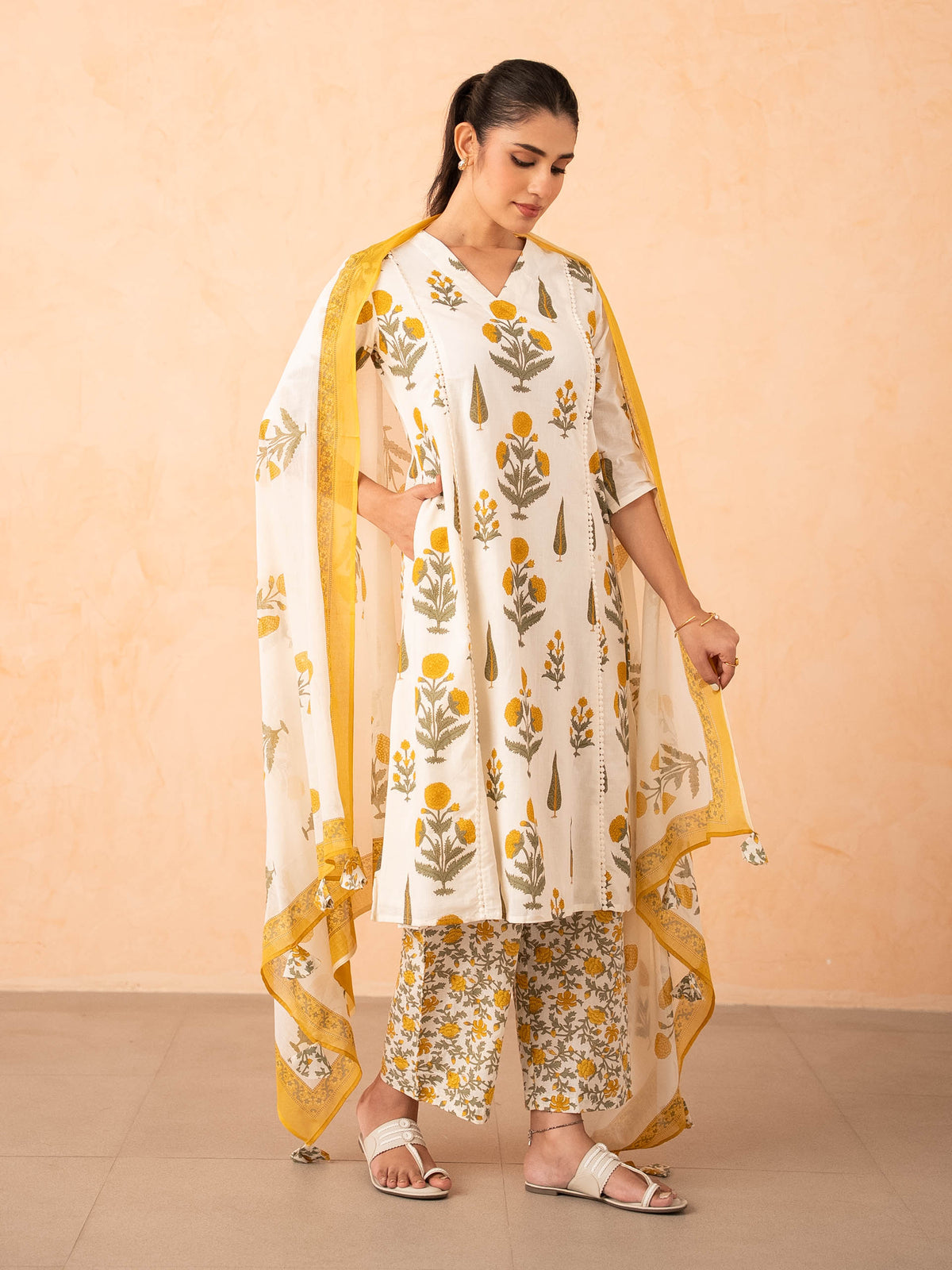 Ivory Marigold Print Kurta with Palazzo and Dupatta Set