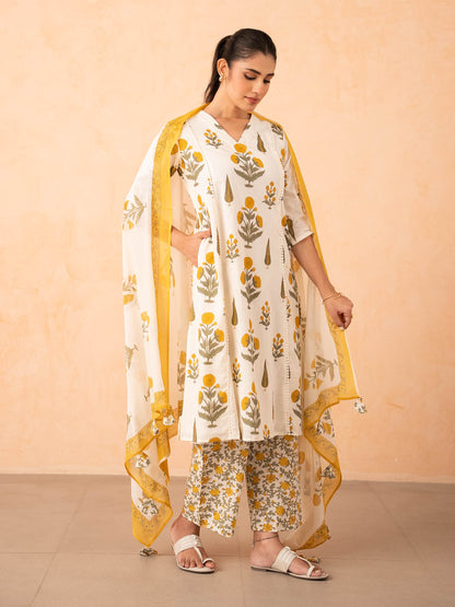 Ivory Marigold Print Kurta with Palazzo and Dupatta Set