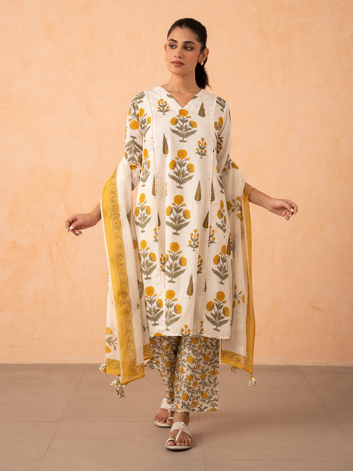 Ivory Marigold Print Kurta with Palazzo and Dupatta Set