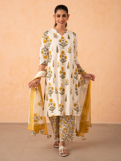 Ivory Marigold Print Kurta with Palazzo and Dupatta Set