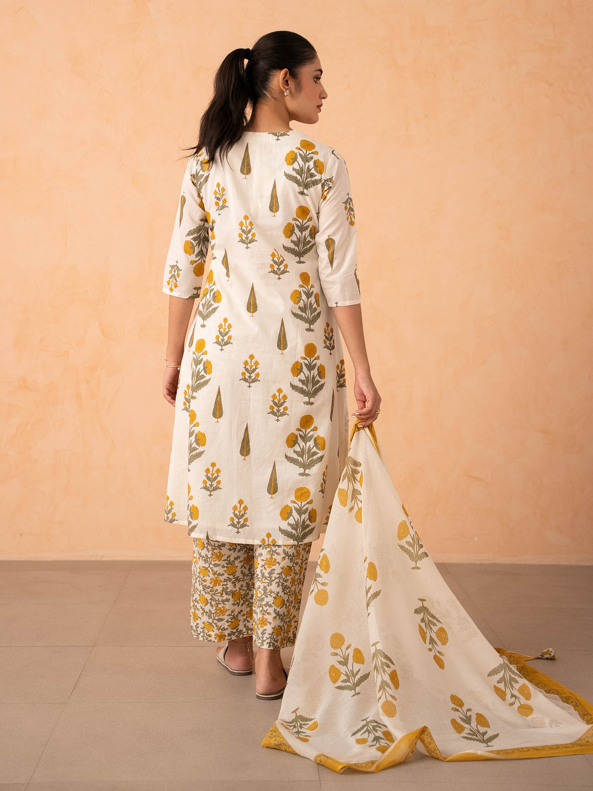 Ivory Marigold Print Kurta with Palazzo and Dupatta Set