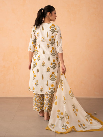 Ivory Marigold Print Kurta with Palazzo and Dupatta Set
