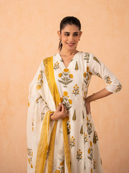 Ivory Marigold Print Kurta with Palazzo and Dupatta Set