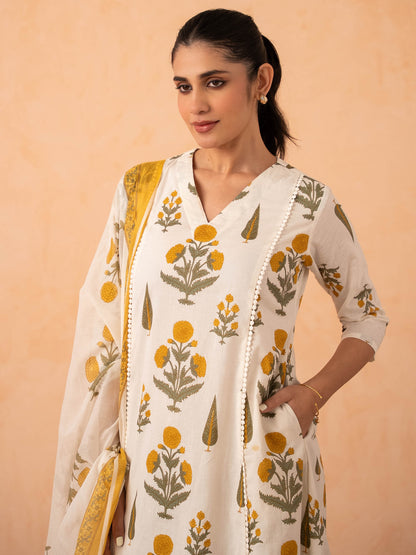 Ivory Marigold Print Kurta with Palazzo and Dupatta Set