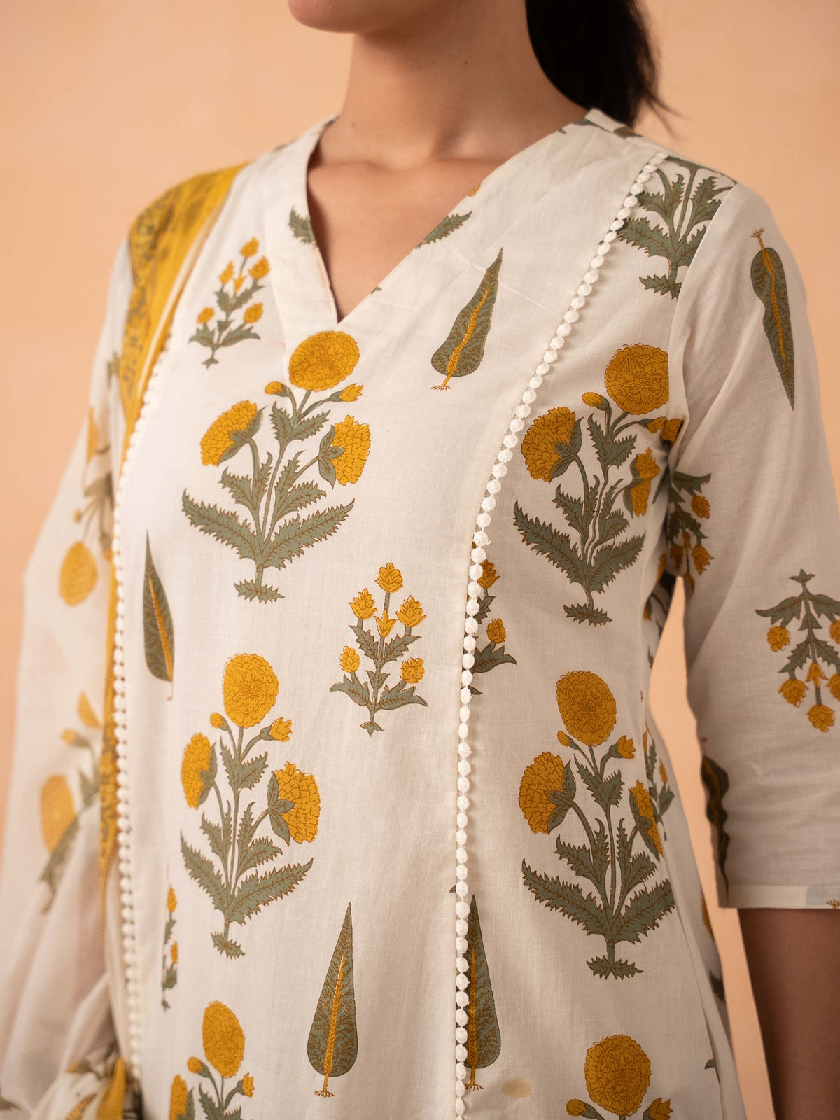 Ivory Marigold Print Kurta with Palazzo and Dupatta Set
