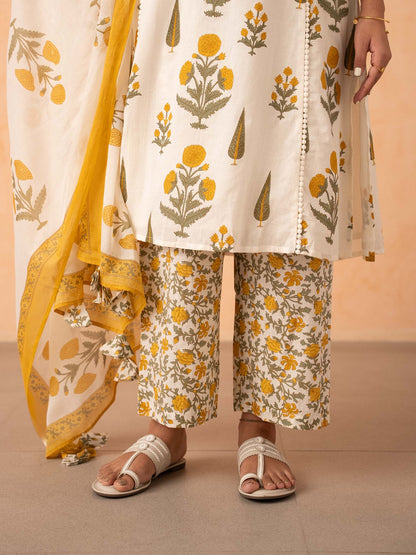 Ivory Marigold Print Kurta with Palazzo and Dupatta Set