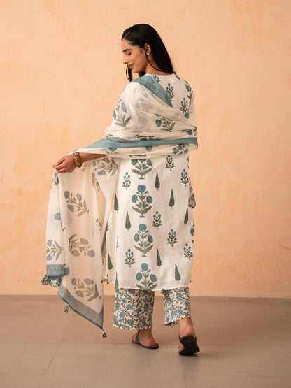 Ivory Blue Floral Print Kurta with Palazzo and Dupatta Set