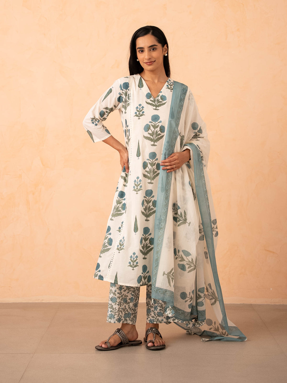 Ivory Blue Floral Print Kurta with Palazzo and Dupatta Set