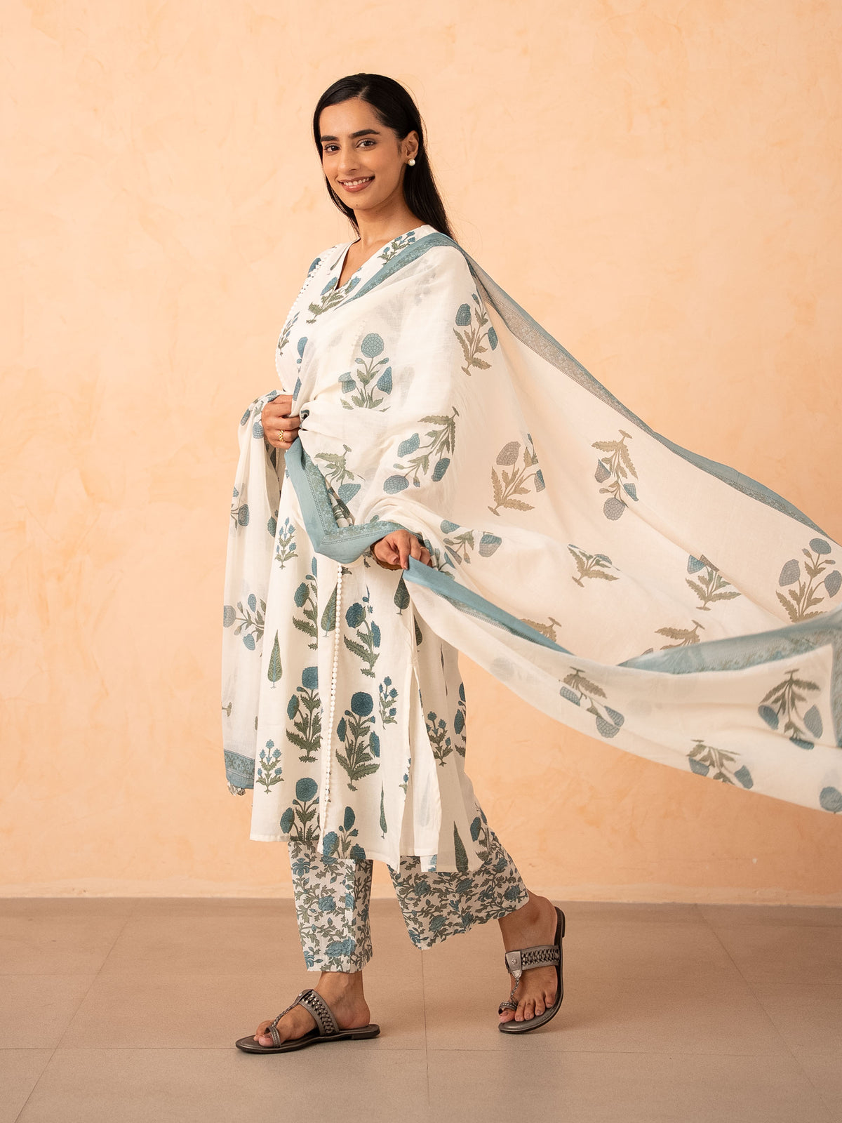 Ivory Blue Floral Print Kurta with Palazzo and Dupatta Set