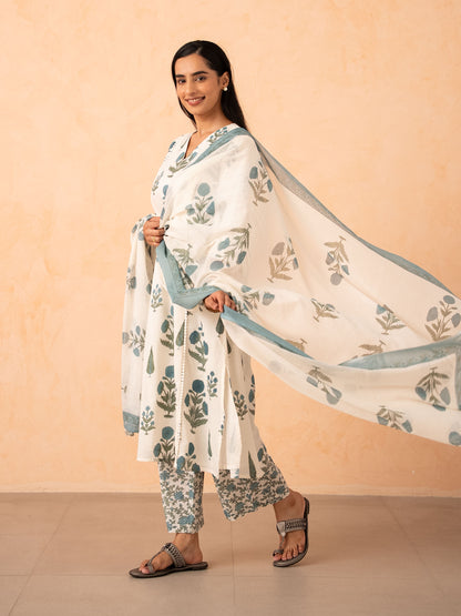 Ivory Blue Floral Print Kurta with Palazzo and Dupatta Set