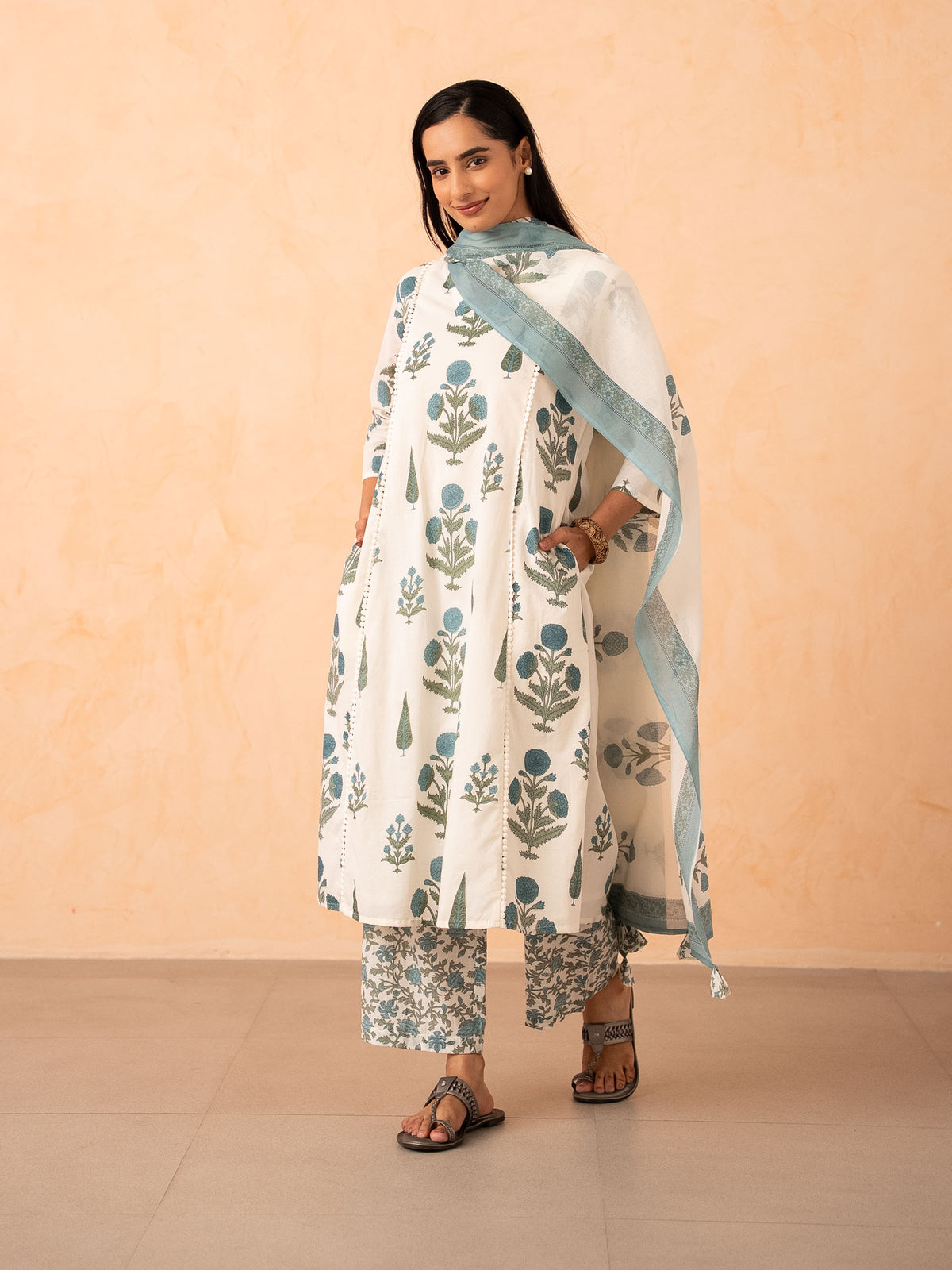 Ivory Blue Floral Print Kurta with Palazzo and Dupatta Set