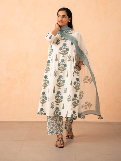 Ivory Blue Floral Print Kurta with Palazzo and Dupatta Set