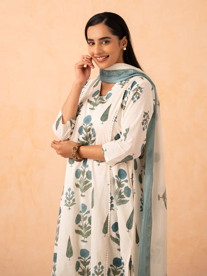 Ivory Blue Floral Print Kurta with Palazzo and Dupatta Set