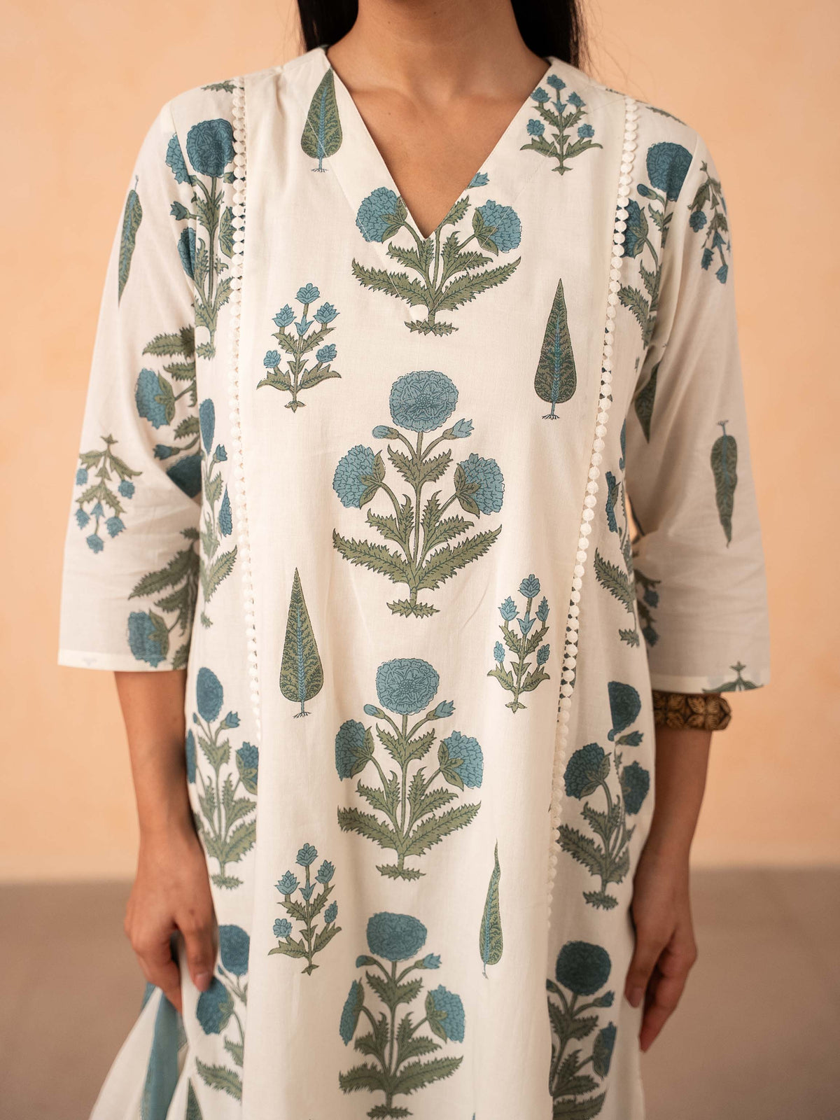 Ivory Blue Floral Print Kurta with Palazzo and Dupatta Set