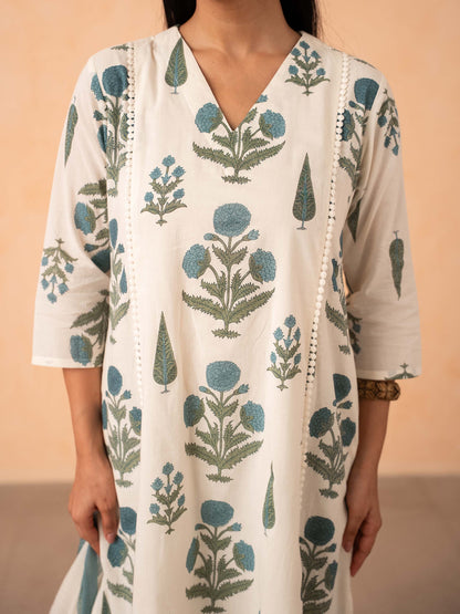 Ivory Blue Floral Print Kurta with Palazzo and Dupatta Set