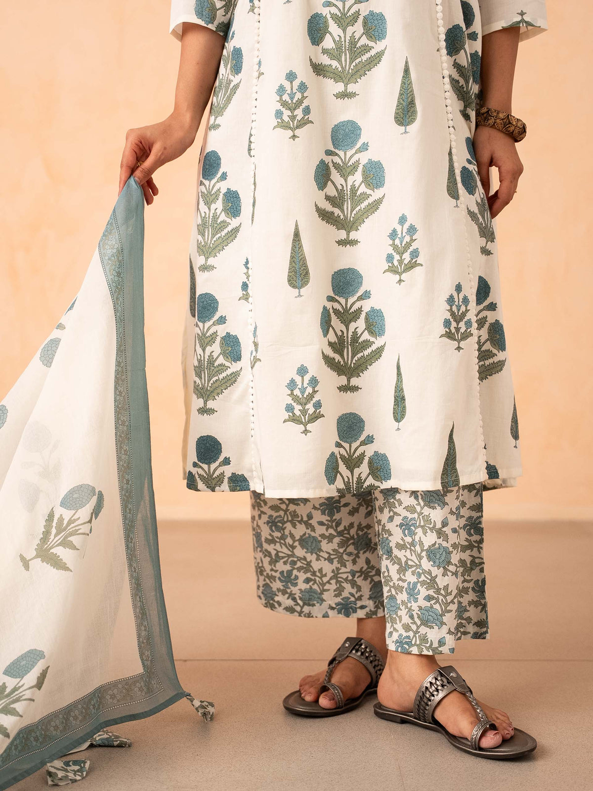 Ivory Blue Floral Print Kurta with Palazzo and Dupatta Set