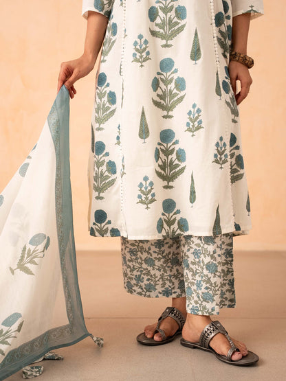Ivory Blue Floral Print Kurta with Palazzo and Dupatta Set
