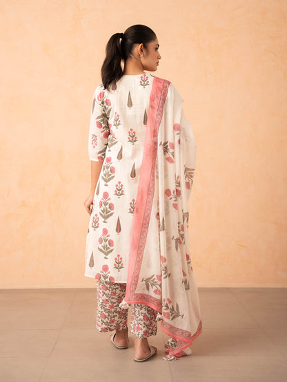 Ivory Pink Floral Print Kurta with Palazzo and Dupatta Set
