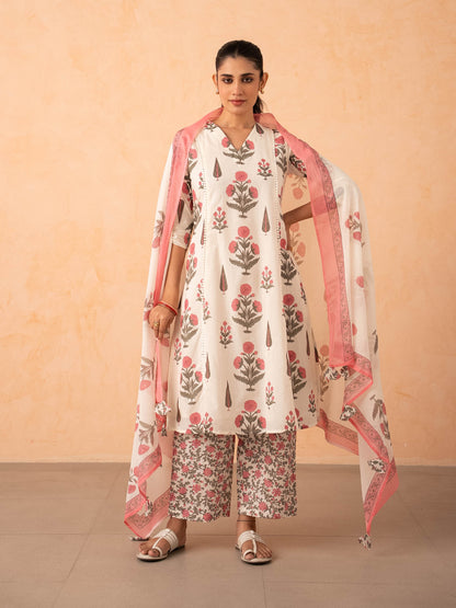 Ivory Pink Floral Print Kurta with Palazzo and Dupatta Set