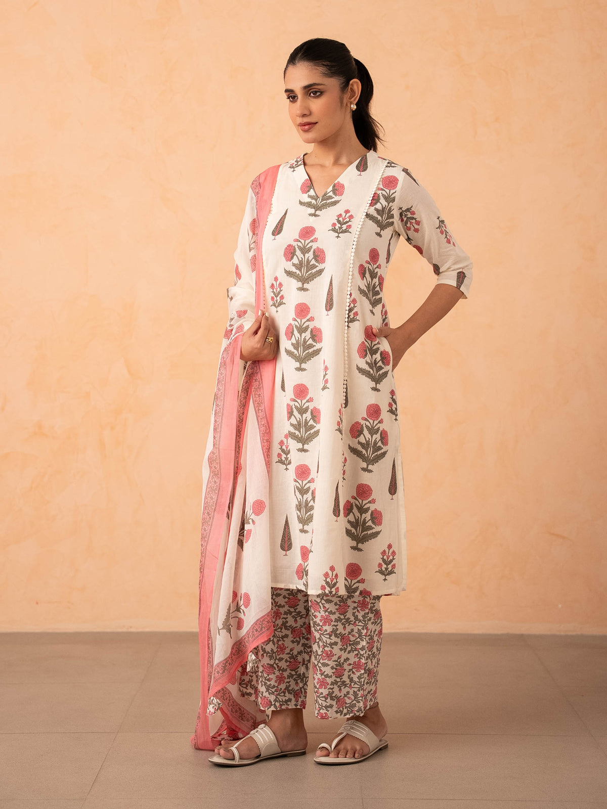 Ivory Pink Floral Print Kurta with Palazzo and Dupatta Set