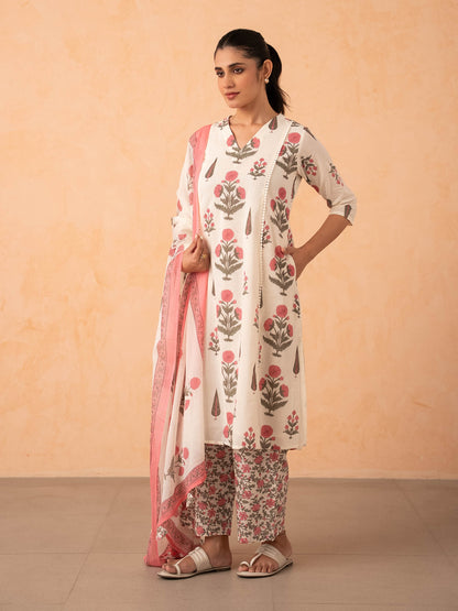 Ivory Pink Floral Print Kurta with Palazzo and Dupatta Set