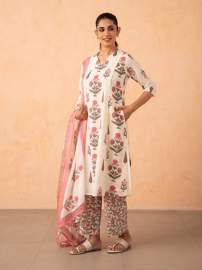 Ivory Pink Floral Print Kurta with Palazzo and Dupatta Set