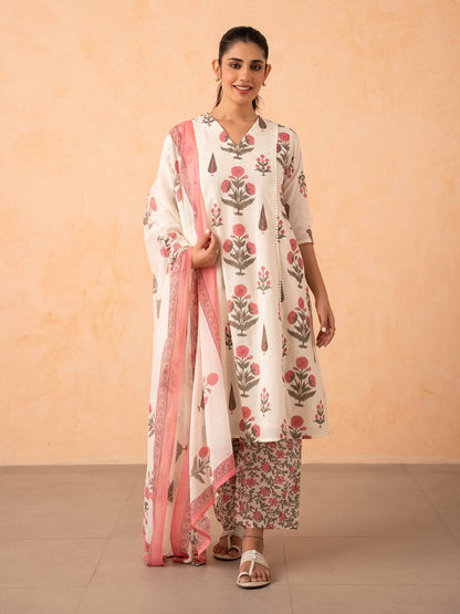 Ivory Pink Floral Print Kurta with Palazzo and Dupatta Set