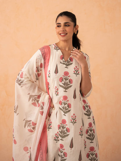 Ivory Pink Floral Print Kurta with Palazzo and Dupatta Set