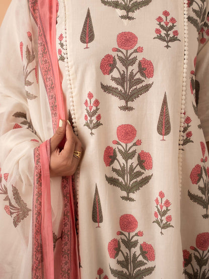 Ivory Pink Floral Print Kurta with Palazzo and Dupatta Set